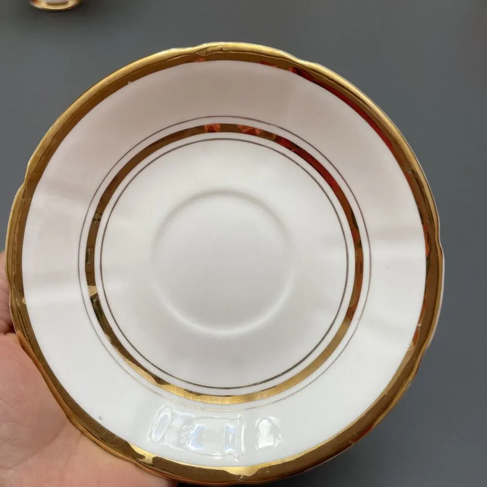 NTG CROWNFORD Bone China Tea Cup & Saucer White Gold Pattern Trim England 2 sets